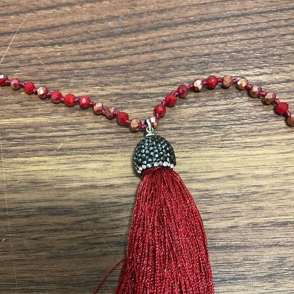 C EST 1946 Signed Long Red Beaded Tassel Necklace lobster claw clasp/extender. - Picture 7 of 7